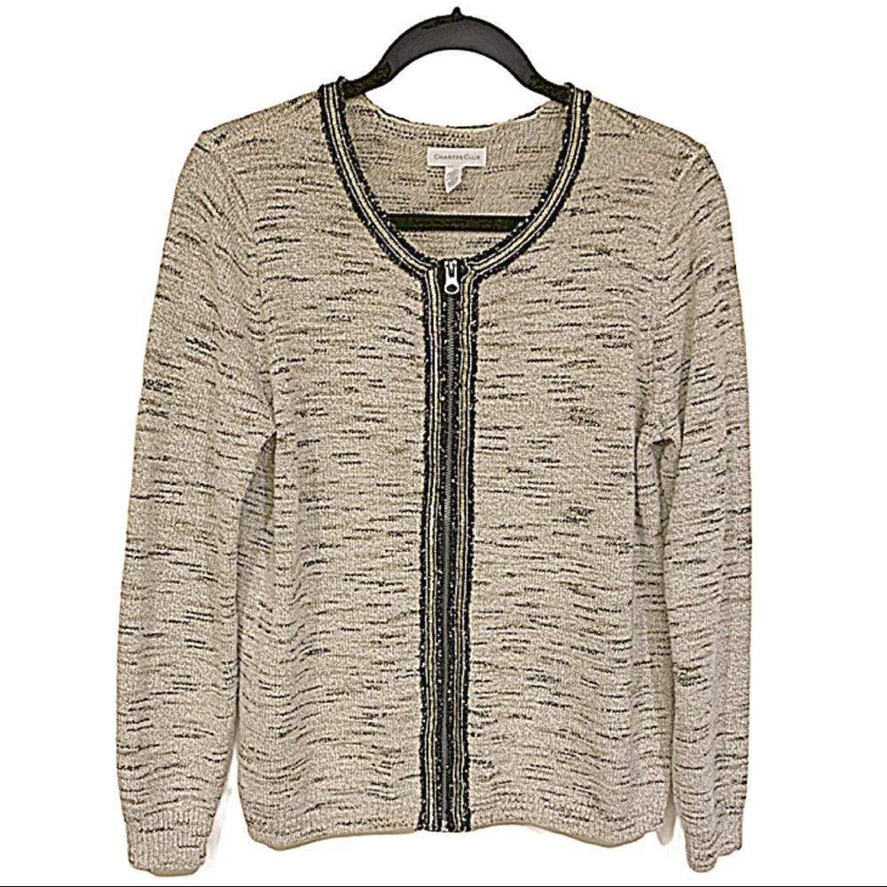 Charter Club Cardigan Top Blazer Metallic Trim Knit Soft Lightweight Size M